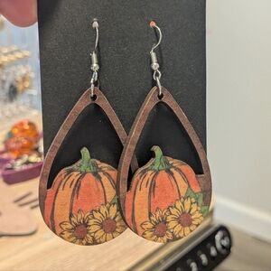 Pumpkin and Sunflower Teardrop Wood Earrings